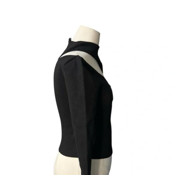 Anthropologie Long Sleeve Black Cut Out Top Ribbed knit Asymmetrical shirt in XS - Picture 3 of 6